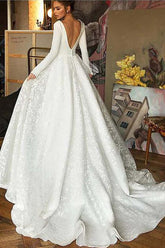 A-line V-neck Long Sleeves Wedding Dresses With Court Train, Bridal Gown